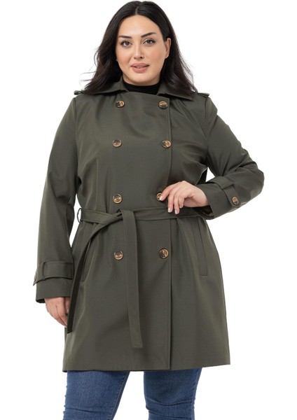 Büyük Beden Kruvaze Fleto Cepli Kuşaklı Apoletli Astarlı Haki Trençkot fiyatları