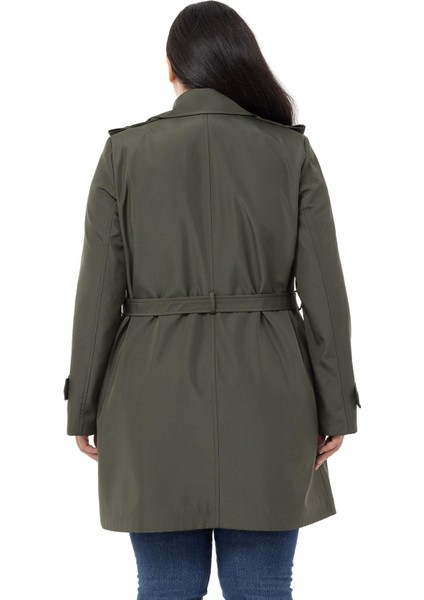 Büyük Beden Kruvaze Fleto Cepli Kuşaklı Apoletli Astarlı Haki Trençkot modelleri