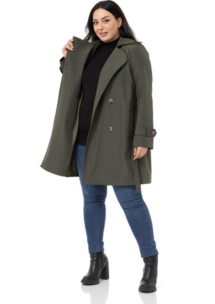 Büyük Beden Kruvaze Fleto Cepli Kuşaklı Apoletli Astarlı Haki Trençkot indirimleri