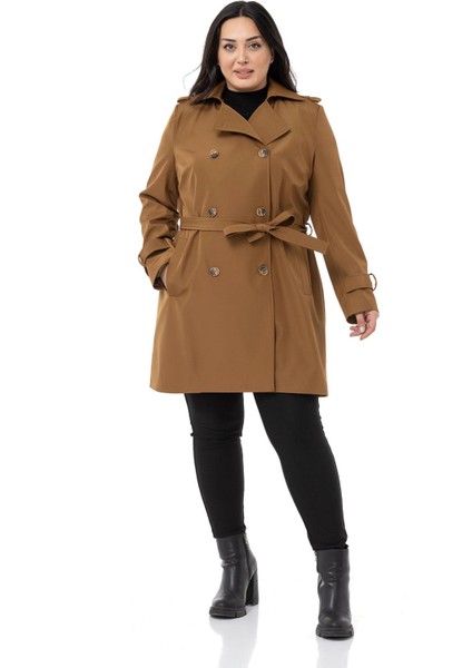 Büyük Beden Kruvaze Fleto Cepli Kuşaklı Apoletli Astarlı Tarçın Trençkot