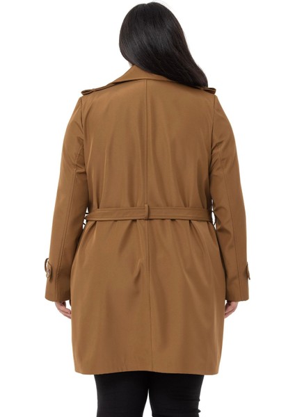 Büyük Beden Kruvaze Fleto Cepli Kuşaklı Apoletli Astarlı Tarçın Trençkot modelleri