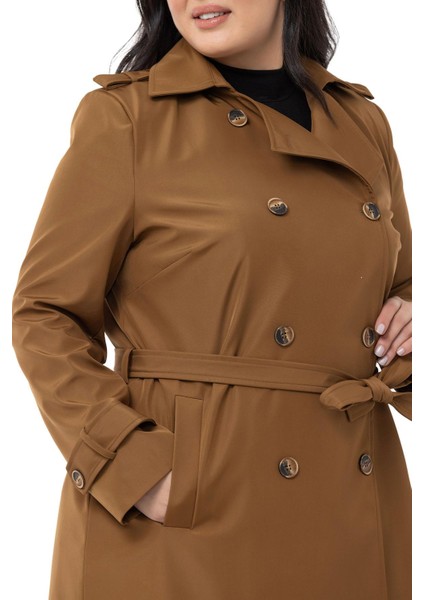 Büyük Beden Kruvaze Fleto Cepli Kuşaklı Apoletli Astarlı Tarçın Trençkot fırsatları