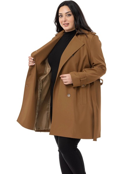 Büyük Beden Kruvaze Fleto Cepli Kuşaklı Apoletli Astarlı Tarçın Trençkot indirimleri