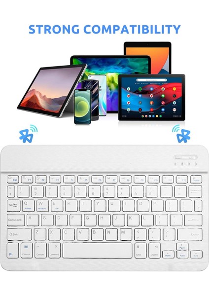 Bluetooth 10 Inç Ios Windows Android Uyumlu Kablosuz Klavye - Türkçe - Şarjlı - Sessiz - Multimedia - Ultra Ince Beyaz