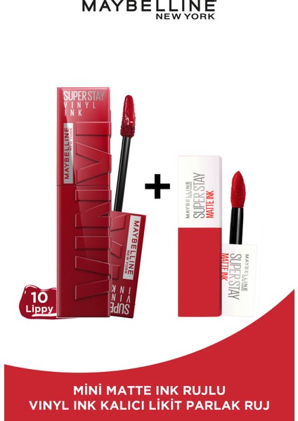 Super Stay Vinyl Ink Uzun Süre Kalıcı Likit Parlak Ruj 10 Lippy & Maybelline Mini Matte Ink