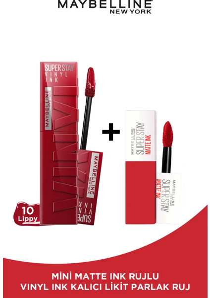 Maybelline New York Super Stay Vinyl Ink Uzun Süre Kalıcı Likit Parlak Ruj 10 Lippy & Maybelline Mini Matte Ink