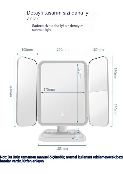 Ayna Dikdörtgen Üç Taraflı Katlanır LED Işıklı Kozmetik Ayna (Yurt Dışından)