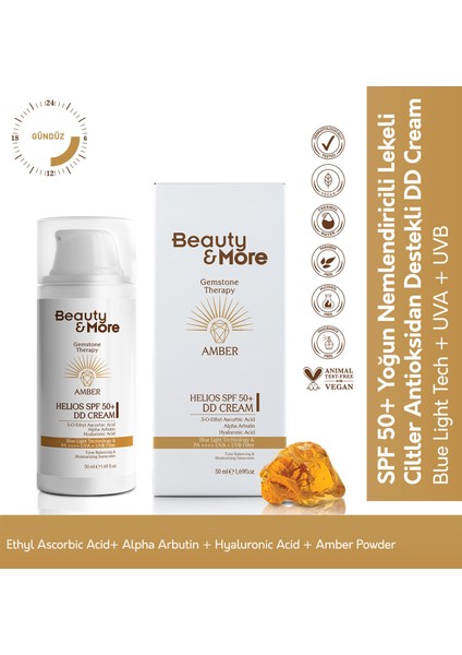 Amber Helios Spf 50+ DD Krem Formlu Güneş Kremi 50 ml Ethyl Ascorbic Acid+ Alpha Arbutin + Hyaluronic Acid + Amber Powder