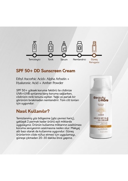 Amber Helios Spf 50+ DD Krem Formlu Güneş Kremi 50 ml Ethyl Ascorbic Acid+ Alpha Arbutin + Hyaluronic Acid + Amber Powder fırsatları