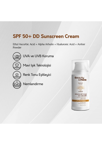 Amber Helios Spf 50+ DD Krem Formlu Güneş Kremi 50 ml Ethyl Ascorbic Acid+ Alpha Arbutin + Hyaluronic Acid + Amber Powder indirimleri