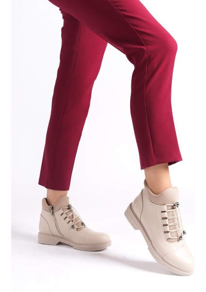 Kadın Cesi Krem Streç ve Bağcık Tedaylı Bilek Boy Termo Taban Bot