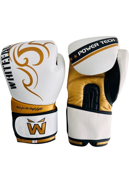 Whiteface Power Tech Deri Boks-Kickboks-Muay Thai Eldiveni (Beyaz-Gold) 10-12 Oz.