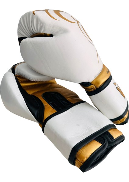 Whiteface Power Tech Deri Boks-Kickboks-Muay Thai Eldiveni (Beyaz-Gold) 10-12 Oz.