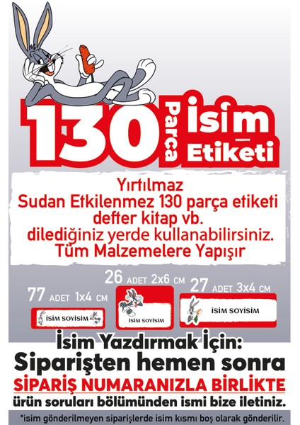 Kişiye Özel 130 Adet Bugs Bunny Okul Etiketi