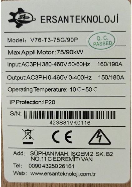 Vfd( Değişken Frekanslı Sürücü) 75KW indirimleri