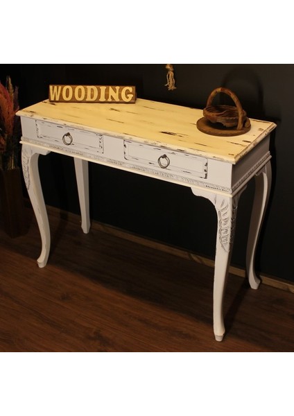 Wooding 120 cm Masif Eskitme Beyaz Oymalı Dresuar