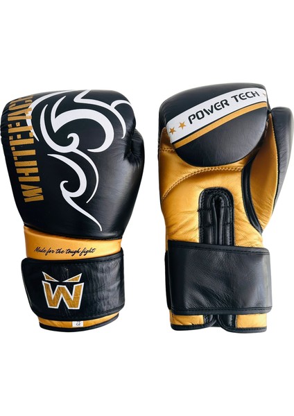 Whiteface Power Tech Deri Boks-Kickboks-Muay Thai Eldiveni (Siyah-Gold) 10-12 Oz.