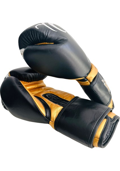 Whiteface Power Tech Deri Boks-Kickboks-Muay Thai Eldiveni (Siyah-Gold) 10-12 Oz.