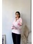 Kadın Pudra Polo Yaka Keten Bluz, Uzun Kol, Regular Kesim, Günlük ve Spor Sweatshirt 4