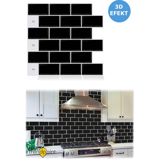 Trendpoint 3D 30×30CM Mutfak Tezgah Arkası Kaplama Kendinden Yapışkanlı Siyah Seramik Görünüm Banyo