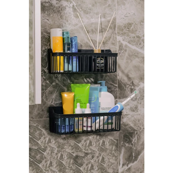 Üst Düzey Home Siyah Yapışkanlı Banyo Rafı, 2'li Banyo Düzenleyici, Duş Şampuanlık, Duşakabin Rafı, Banyo Duş Organizeri Siyah, Plastik