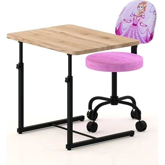 Depolife Prenses Sindirella Desenli Çocuk Odası Ders Çalışma Koltuk ve Masa Seti Tekerlekli Sandalye ve Sehpa