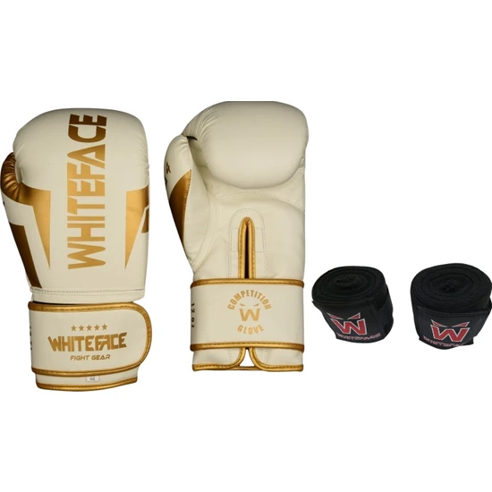 Whiteface Nova4 Boks-Kickboks-Muay Thai  Eldiveni+3,5 M Bandaj Set (Beyaz-Gold) 8-10-12 Oz.