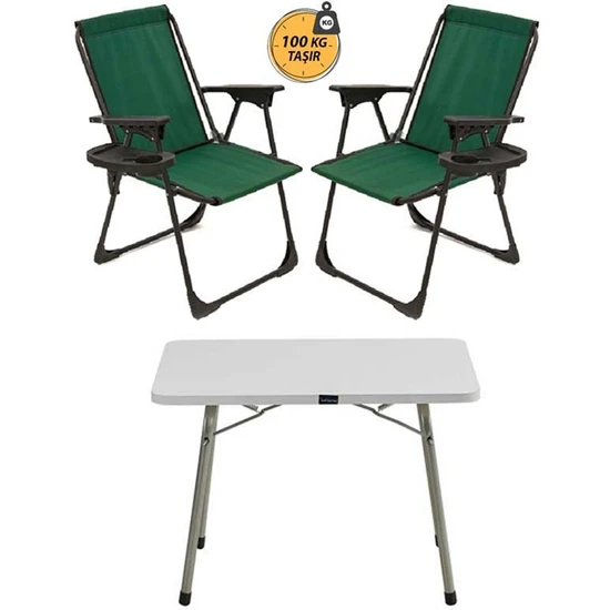 Kampseti 2 Adet Katlanır Kamp Sandalyesi ve Masa Seti-Taşınabilir Piknik Bahçe Sandalyesi-Masası-Hediye Bardaklık