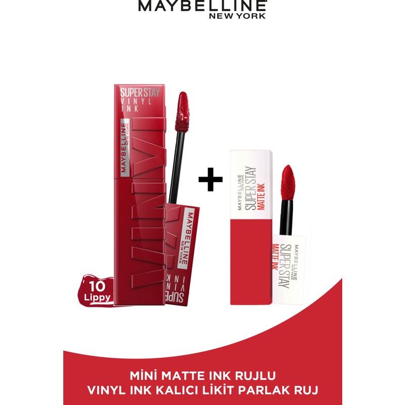 Maybelline New York Super Stay Vinyl Ink Uzun Süre Kalıcı Likit Parlak Ruj 10 Lippy & Maybelline Mini Matte Ink