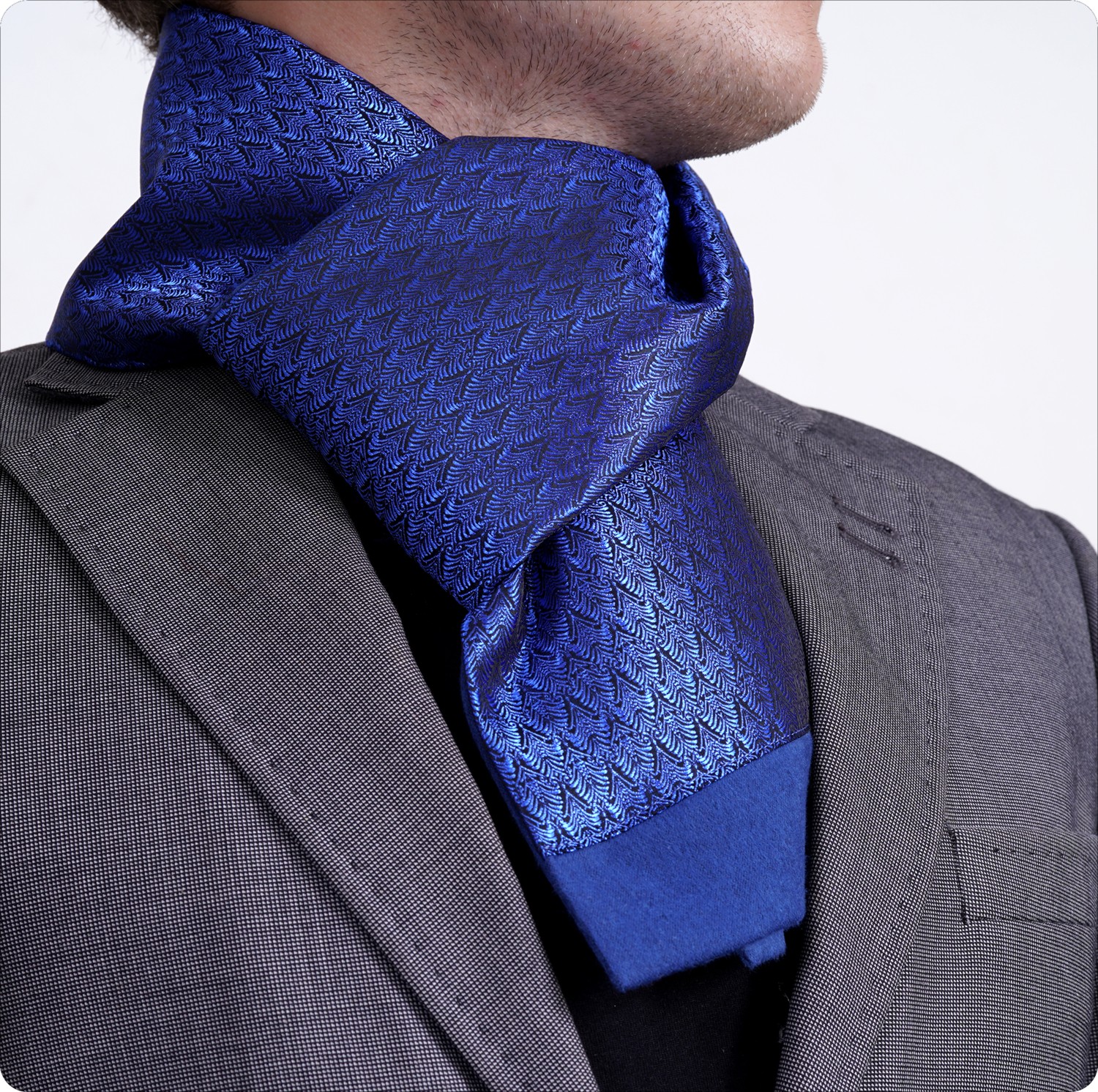 Exve Exclusive Mavi Elegant Desenli Indigo Yünlü Çift Taraflı Atkı