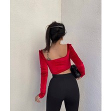 Wear And Wear Kadın Kırmızı V Yaka Korse Detay Uzun Kollu Kadife Crop Bluz