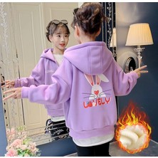 Kids Face Özel Tasarım Kapüşonlu Tam Fermuarlı Lovely Sırt Baskılı Tam Kışlık Sokak Modası Kız Çocuk Sweatshırt