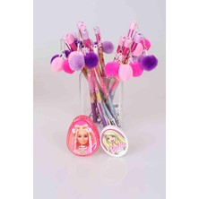 LİSANSLI BARBIE PONPON BAŞLIKLI KURŞUN KALEM , KALEMTRAŞ VE OVAL SİLGİ KIRTASİYE SETİ