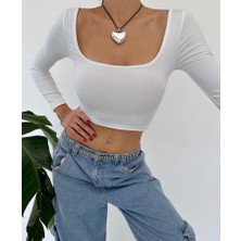 Mare Butik Kadın Kare Yaka Uzun Kol Sırtı U Detaylı Crop Top Bluz