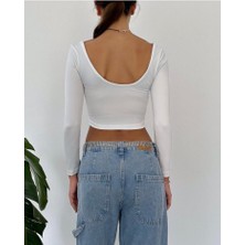 Mare Butik Kadın Kare Yaka Uzun Kol Sırtı U Detaylı Crop Top Bluz