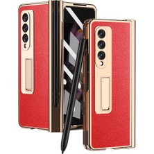 Fybang Samsung Galaxy Z Fold 3 ile Uyumlu Darbeye Dayanıklı Menteşe Koruması Hd Temperli Cam Ekran Koruyucu Pu Deri Sert Pc Çerçeve Tam Kapsam S Pen Standlı Kapak Z Fold 3 - Kırmızı (Yurt Dışından)