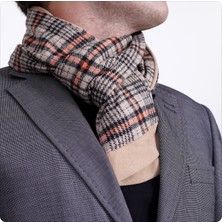 Exve Exclusive Turuncu Bej Siyah Geçişli Taratar Ekose Kare Desenli Yünlü Kışlık Çift Taraflı Atkı