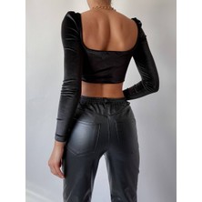 Wear And Wear Kadın Siyah V Yaka Korse Detay Uzun Kollu Kadife Crop Bluz