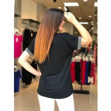 City Center Fashion Kadın Büyük Beden V Yaka Siyah Bluz Yaka Kol Gümüş Sim CTY-XYN-101