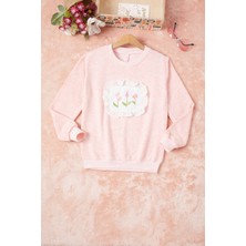 Pembe Dantelli Lale Nakışlı Kız Çocuk Sweatshirt 16769