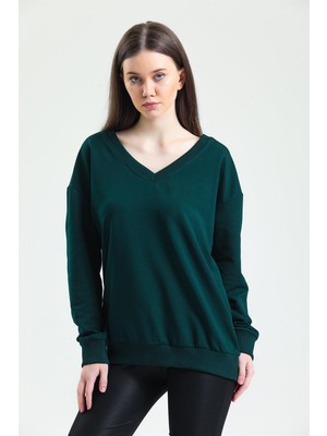 Fancy Kadın V Yaka Nefti Yeşili Regular Basic Sweatshirt