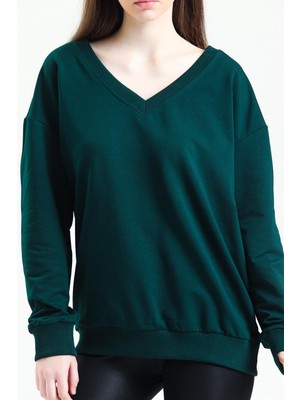 Fancy Kadın V Yaka Nefti Yeşili Regular Basic Sweatshirt