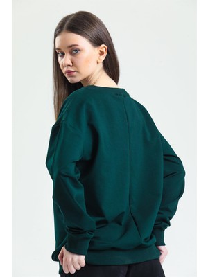 Fancy Kadın V Yaka Nefti Yeşili Regular Basic Sweatshirt