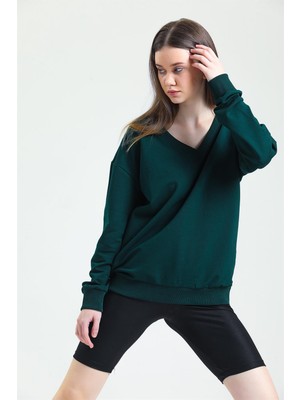 Fancy Kadın V Yaka Nefti Yeşili Regular Basic Sweatshirt