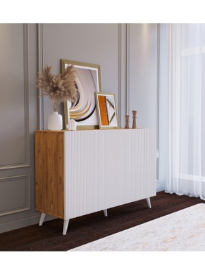 Suba Home Şık Tasarımlı 120 Cm'lik Ahşap Görünümlü Beyaz 3 Kapaklı Çok Amaçlı Mdf Konsol