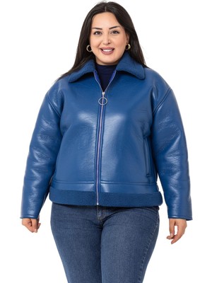 Disentis Modest Büyük Beden Yakası ve Eteği Kürklü Fleto Cepli Fermuarlı Saks Mavi Deri Mont