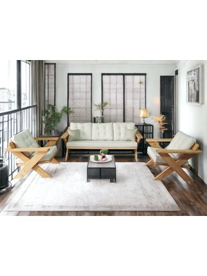 Zerka Concept Berlin Masif Ahşap Bahçe Balkon Koltuk Takımı Kestane Ağacı - 1 Adet Üçlü 2 Adet Tekli Krem A.T.