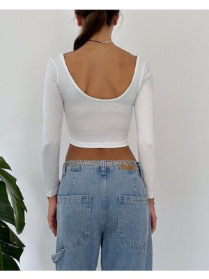 Mare Butik Kadın Kare Yaka Uzun Kol Sırtı U Detaylı Crop Top Bluz