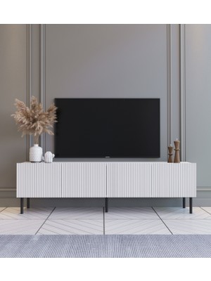 Suba Home Şık Cizgi Kapaklı 160 cm Demir Ayaklı Mdf Tv Ünitesi Beyaz