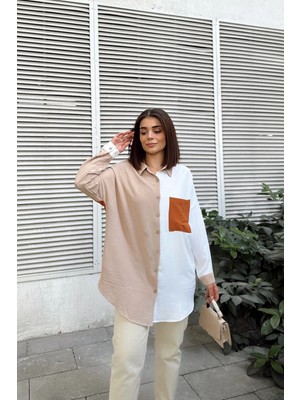 New Laviva Kadın Bej & Kiremit Uzun Kol Detaylı Renk Bloklu Oversize Gömlek Cepli Uzun Tunik Gömlek